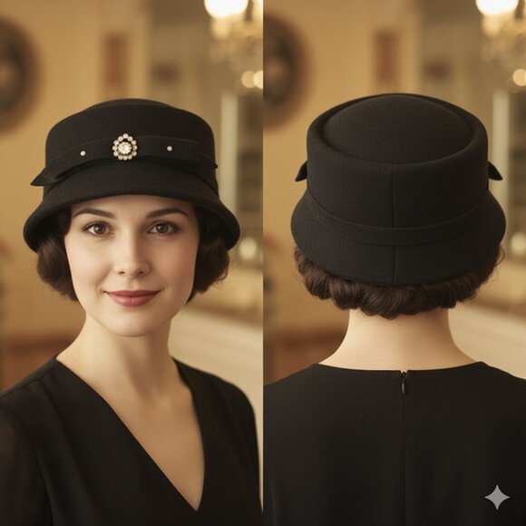 Vintage Melo-Dee Black Wool Pillbox Hat with Rhinestone Brooch - 1950s/60s Style Vintage Black Pillbox Hat With Rhinestone Brooch & Signed  main image 4